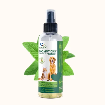 A spray bottle containing Nomoticks Body Spray, a natural anti tick and flea solution, which is safe for cats and dogs of all ages in Kenya