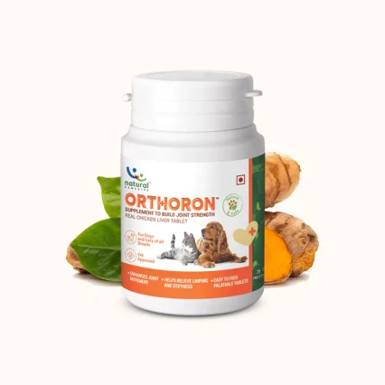 Bottle of orthoron containing natural pet joint supplements tablets to promote joint strength and help with mobility pain and lameness in dogs and cat in Kenya